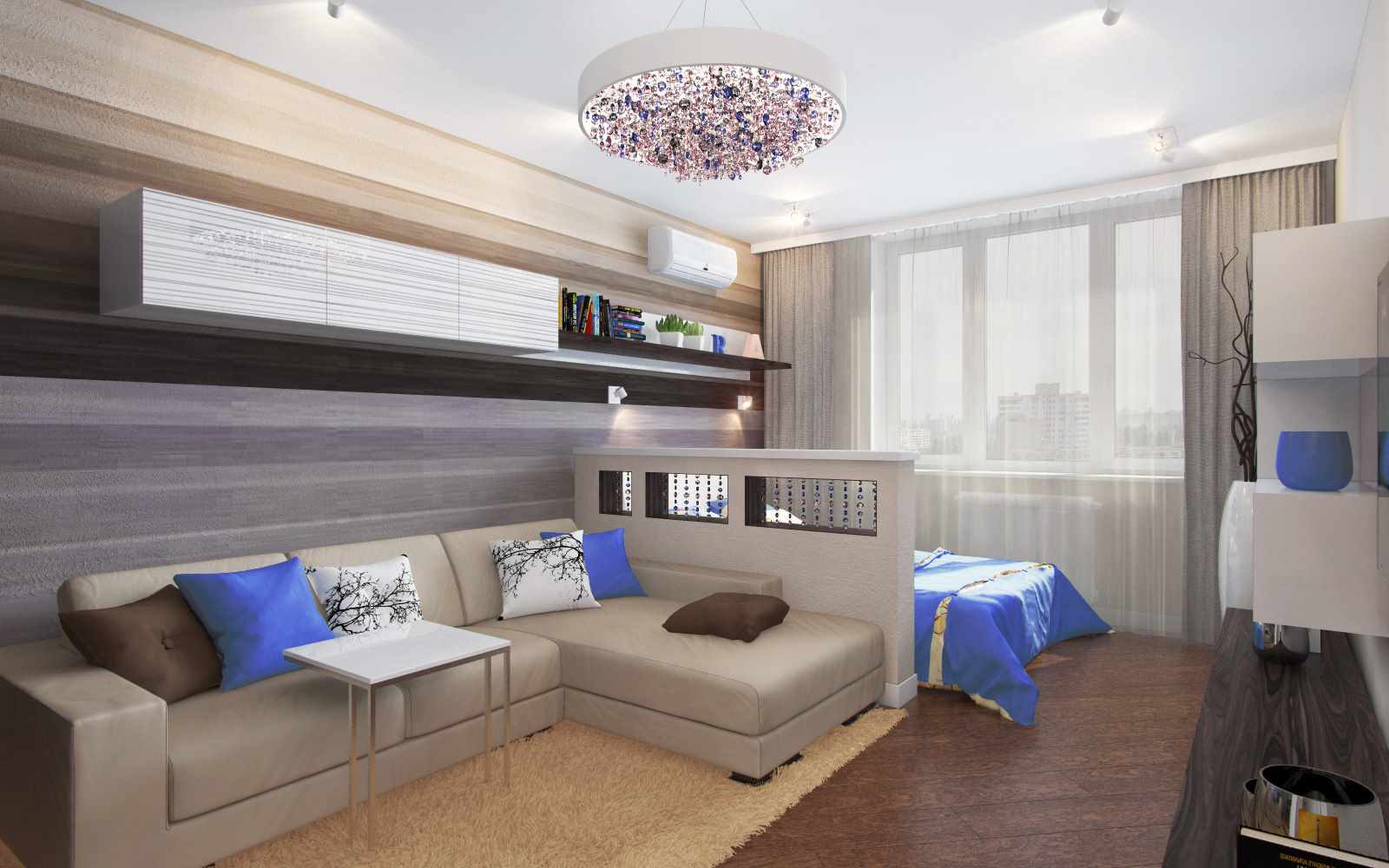 An example of a light bedroom decor of 15 sq.m