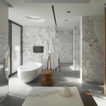 Un exemple de l'utilisation de plâtre décoratif brillant dans la conception d'une photo de salle de bain