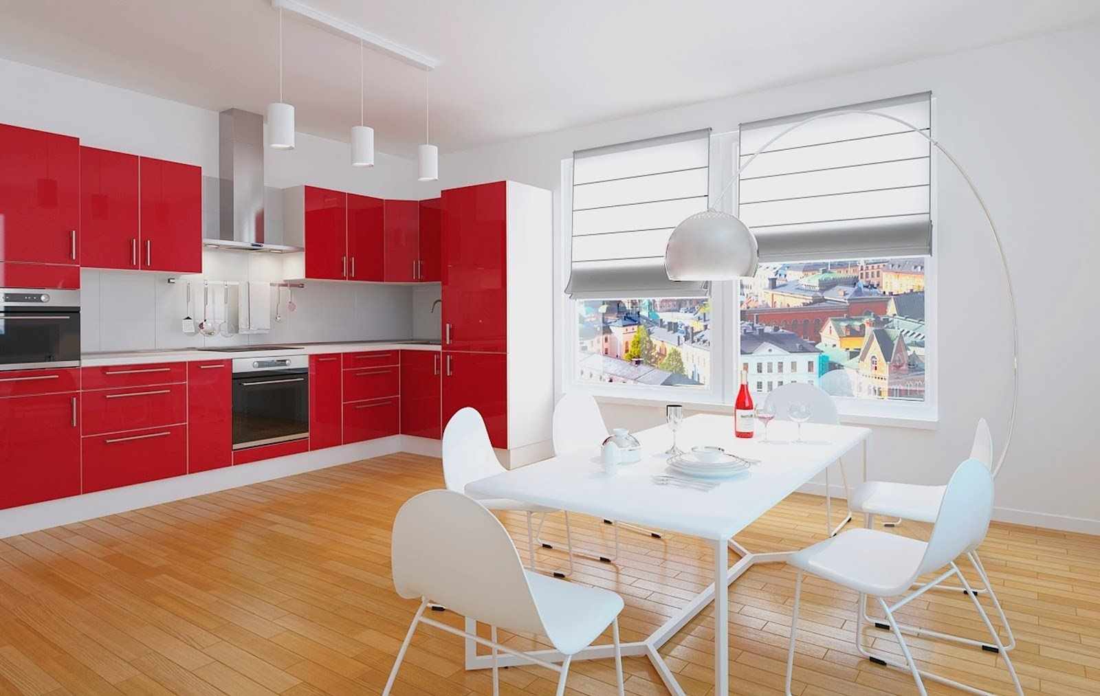 bright design variant of the red kitchen