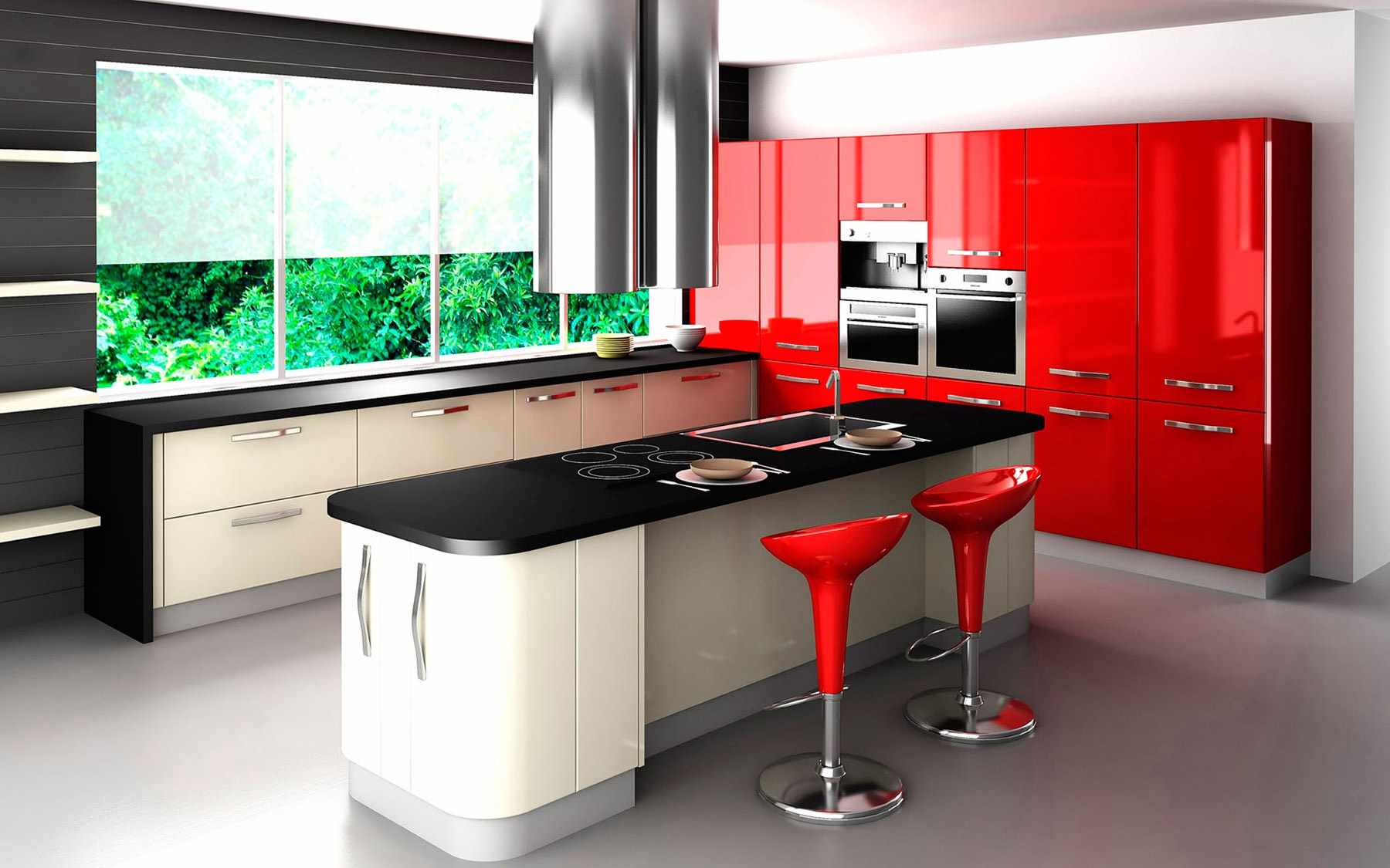 the idea of ​​a bright interior red kitchen