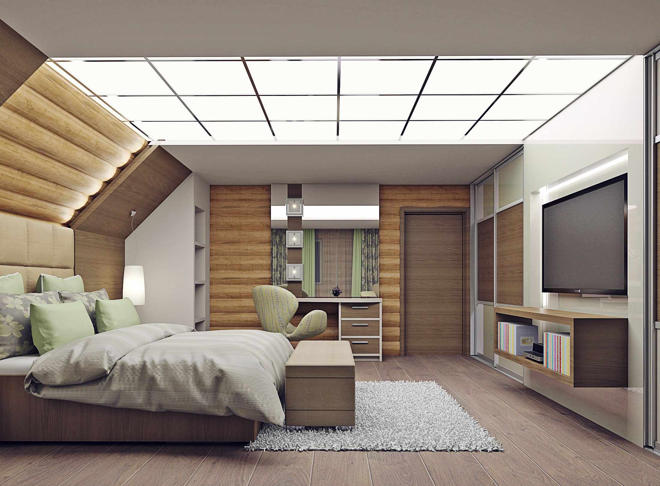 גרסה של עיצוב בהיר של חדר שינה בעליית הגג