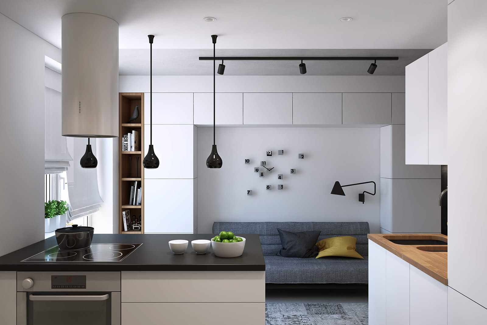 Un exemple d'un beau séjour cuisine design de 16 m²