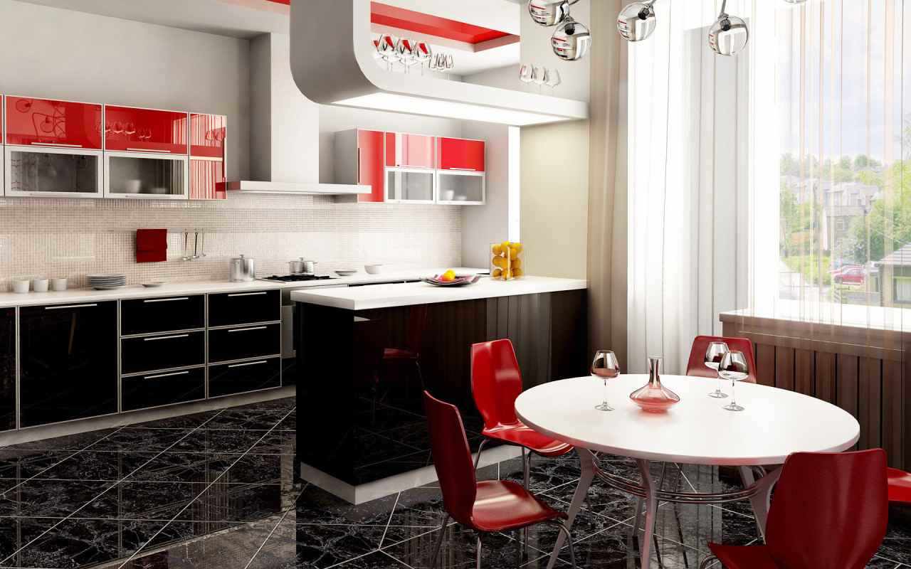 sarkanās virtuves gaišā interjera variants