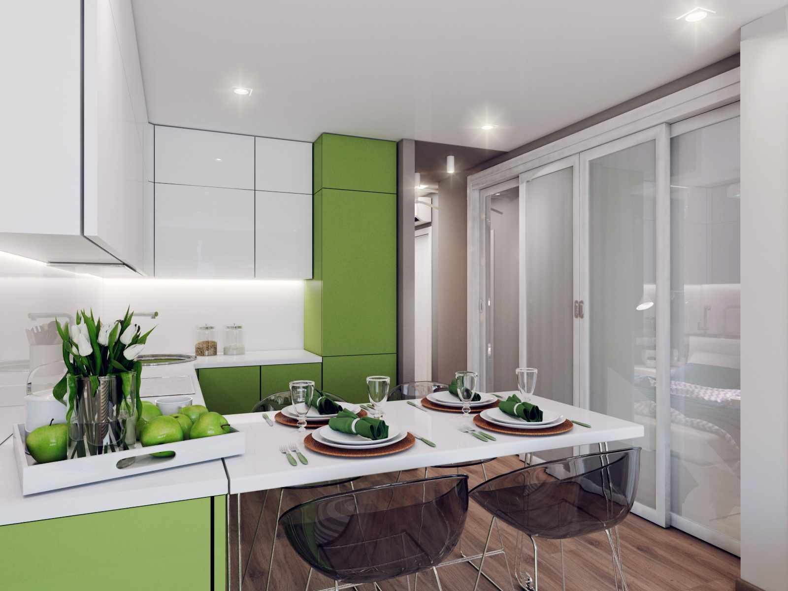 ideea unei camere de zi bucătărie în stil luminos 16 mp