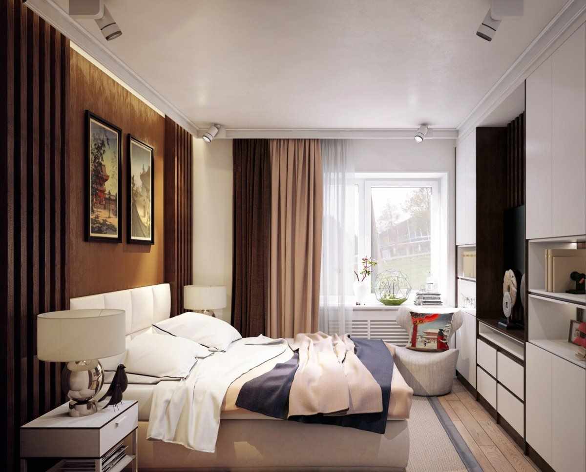 an example of an unusual style of a bedroom of 15 sq.m