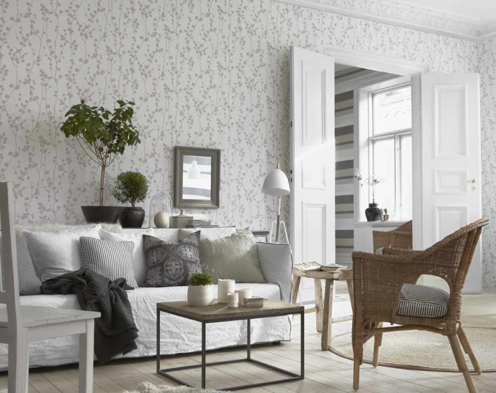 Dzīvojamās istabas fona gaišā stila piemērs