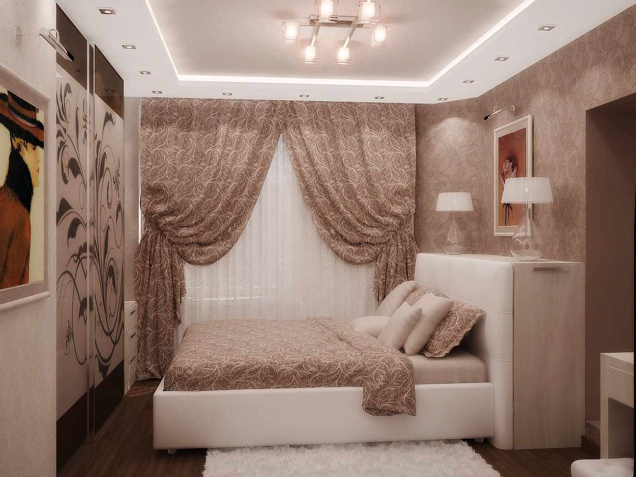 Dar bir yatak odasının parlak dekoruna bir örnek