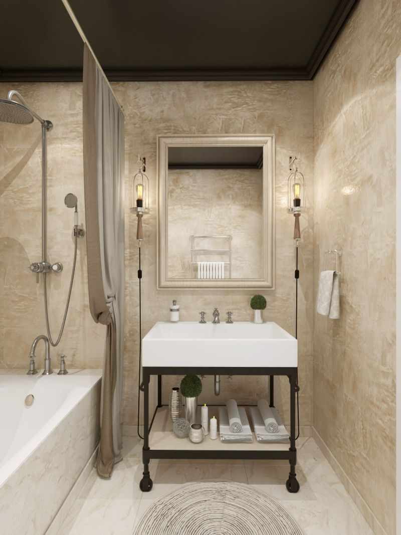la possibilité d'utiliser un beau plâtre décoratif dans la conception de la salle de bain