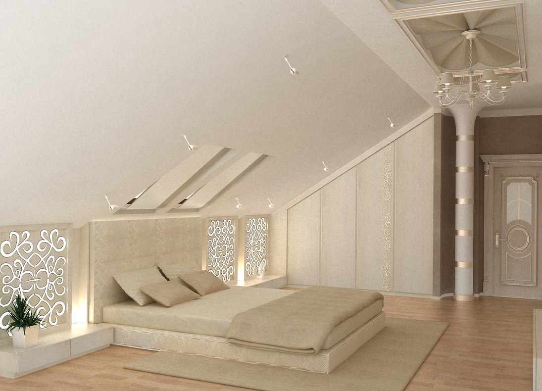 גרסה של העיצוב הלא שגרתי של חדר השינה בעליית הגג