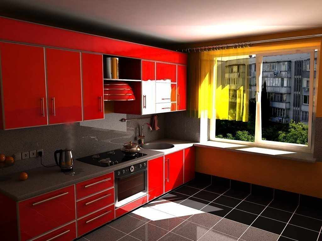 an example of an unusual interior of a red kitchen