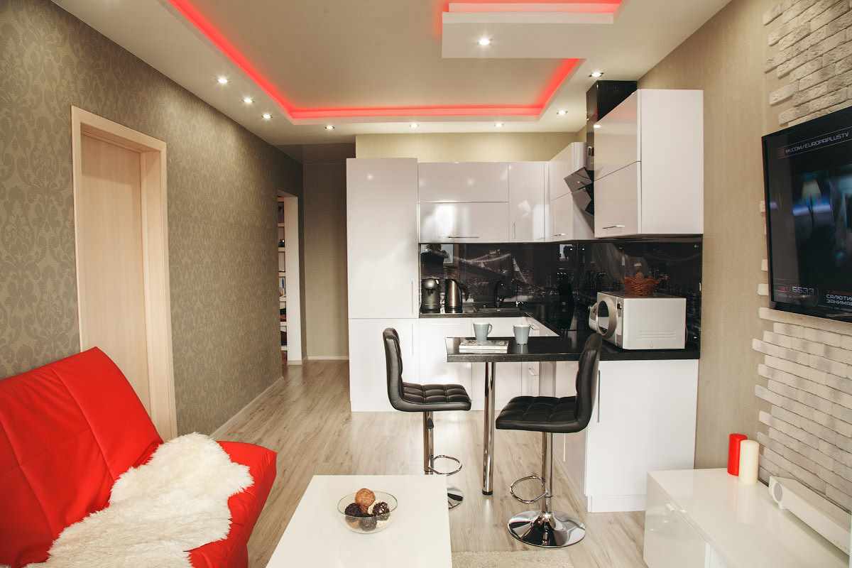 variante de conception lumineuse de la cuisine du salon 16 m²