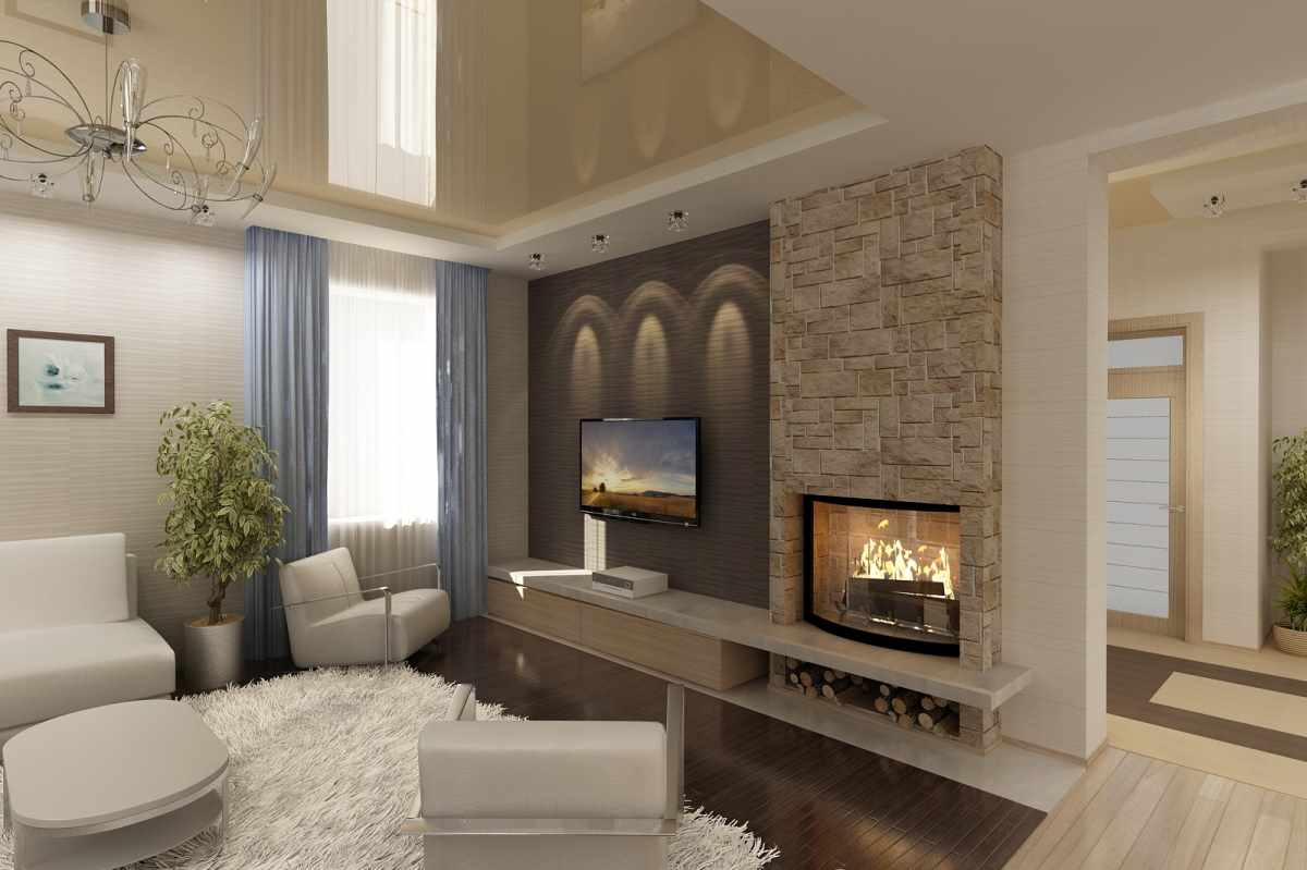 l'idée d'utiliser un décor de salon léger avec une cheminée