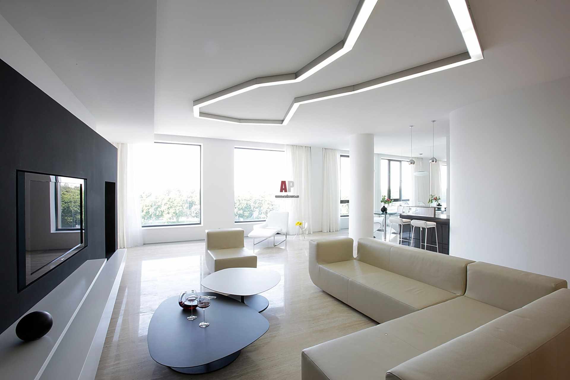 un exemple d'utilisation d'un design inhabituel d'un salon dans le style du minimalisme