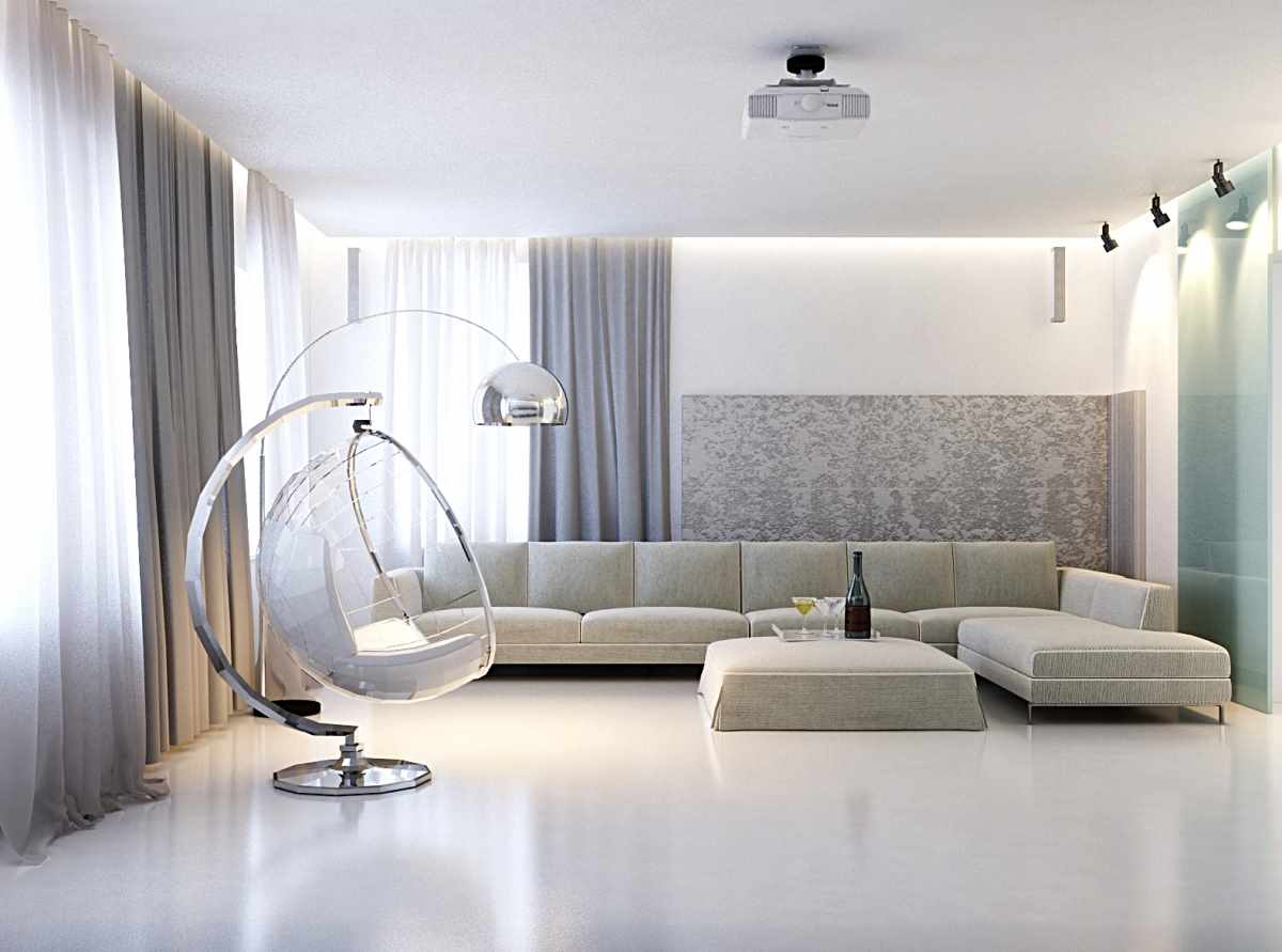 un exemplu de utilizare a unui decor neobișnuit al unei camere de zi în stilul minimalismului