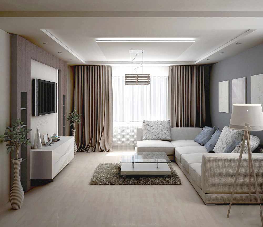 An example of a bright design of a living room of 17 sq.m