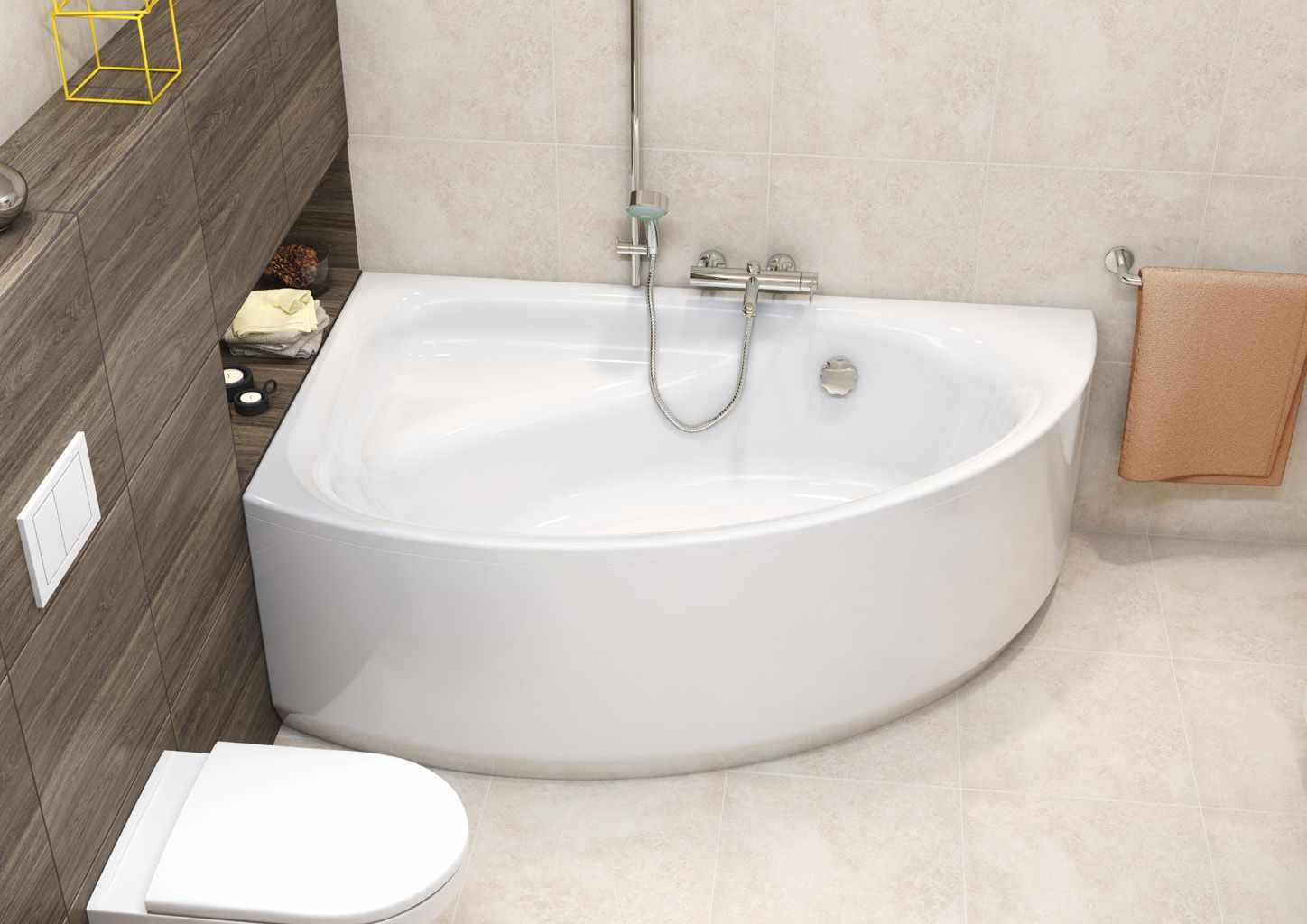 Một ví dụ về phòng tắm phong cách tươi sáng với bồn tắm góc