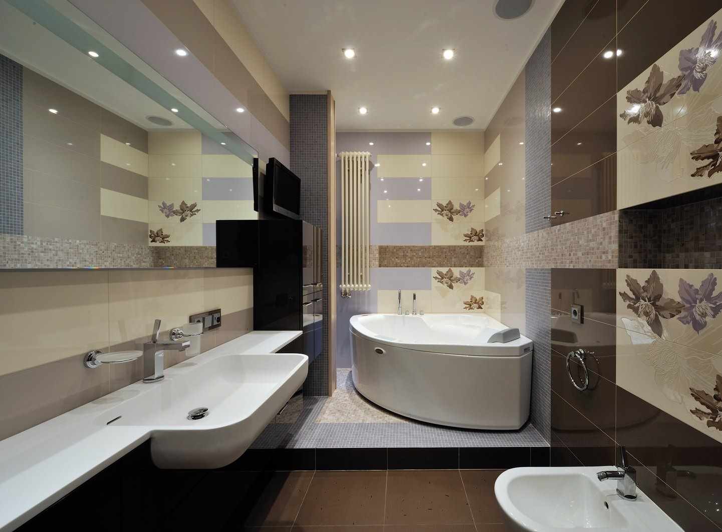 biến thể của nội thất khác thường của phòng tắm với một góc tắm
