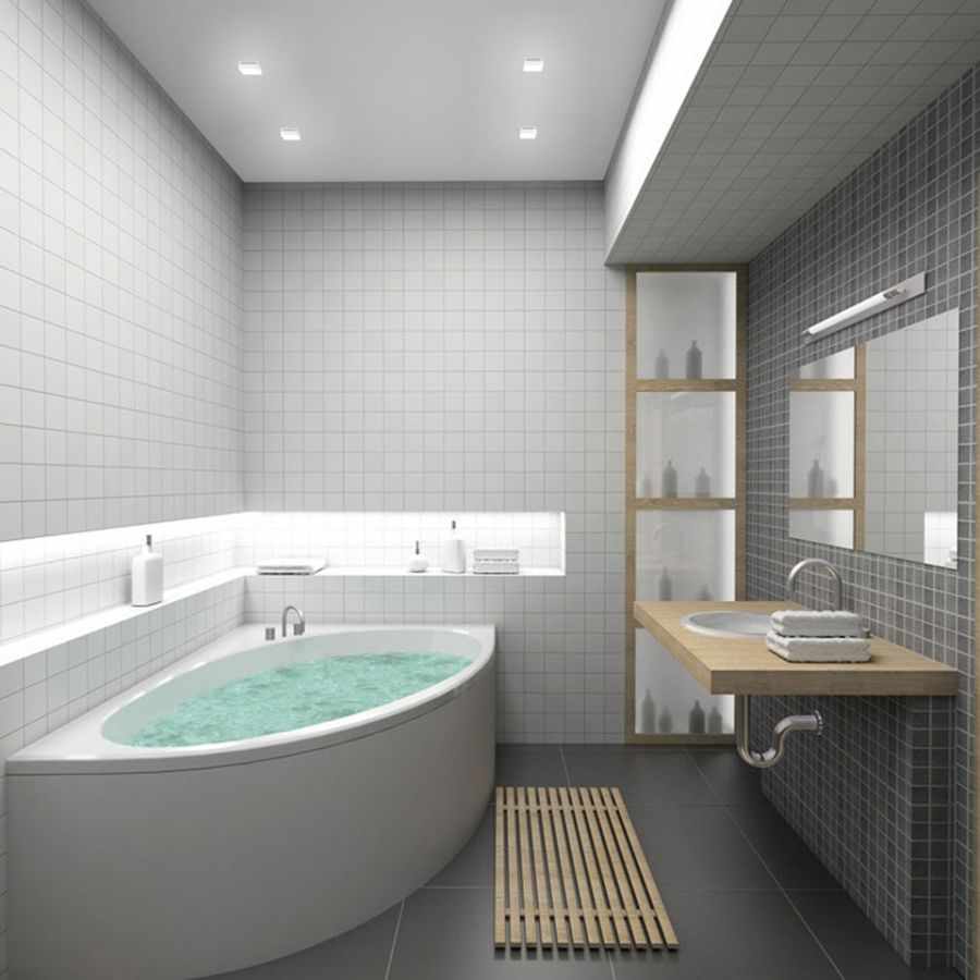 possibilité d'un intérieur de salle de bain lumineux avec baignoire d'angle