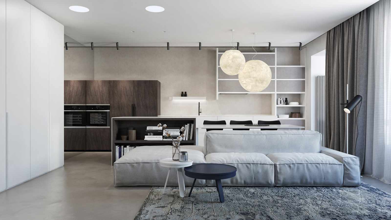 minimalizm tarzında bir oturma odasının parlak dekorunun kullanımına örnek