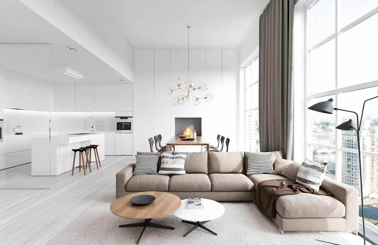 versiune a aplicării unui frumos design al unei camere de zi în stilul minimalismului