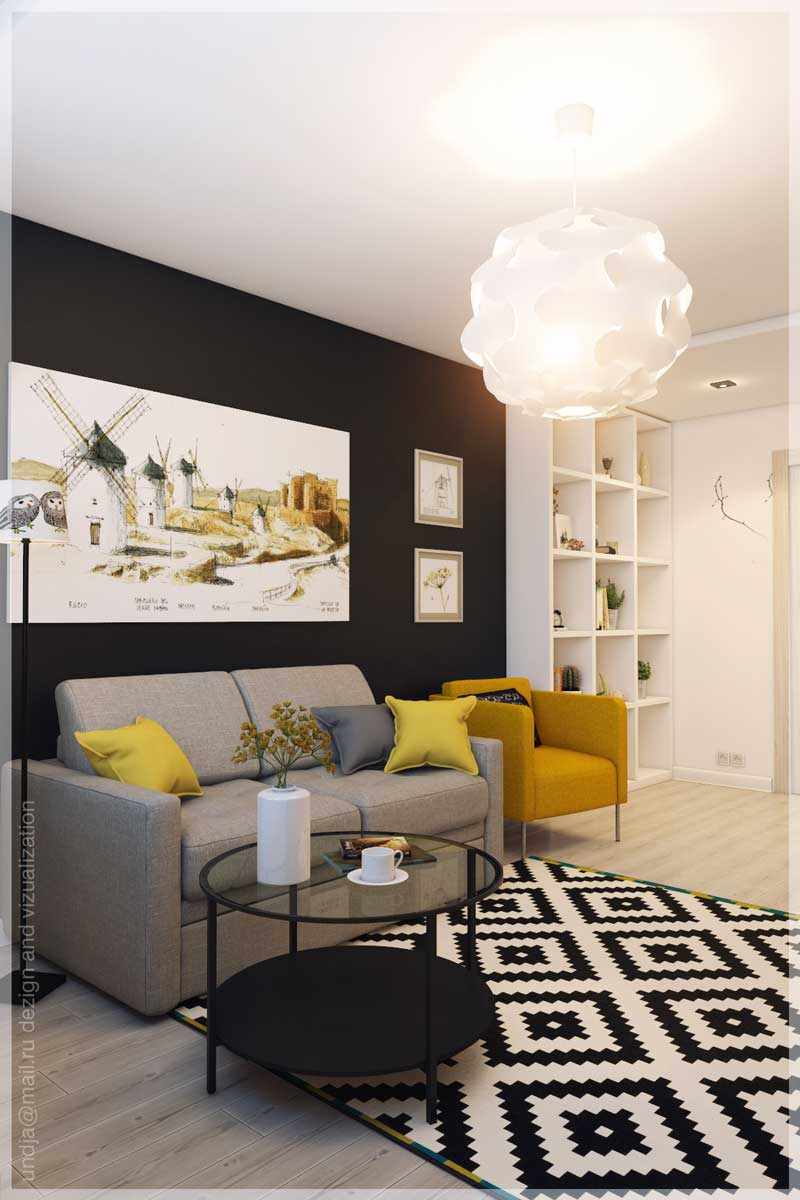 16 m2'lik bir oturma odasının güzel dekoruna bir örnek