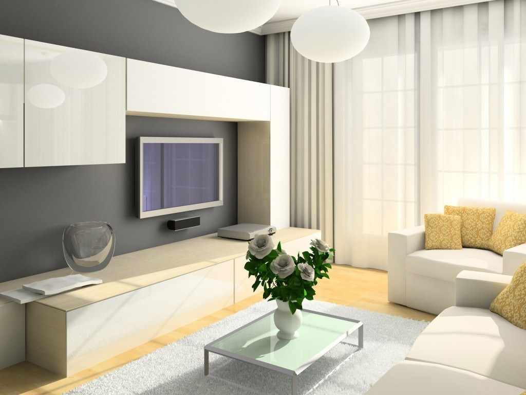 19-20 m2'lik bir oturma odasının parlak dekoruna bir örnek