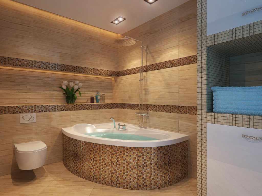 Köşe küvetli bir banyoya parlak tasarım örneği