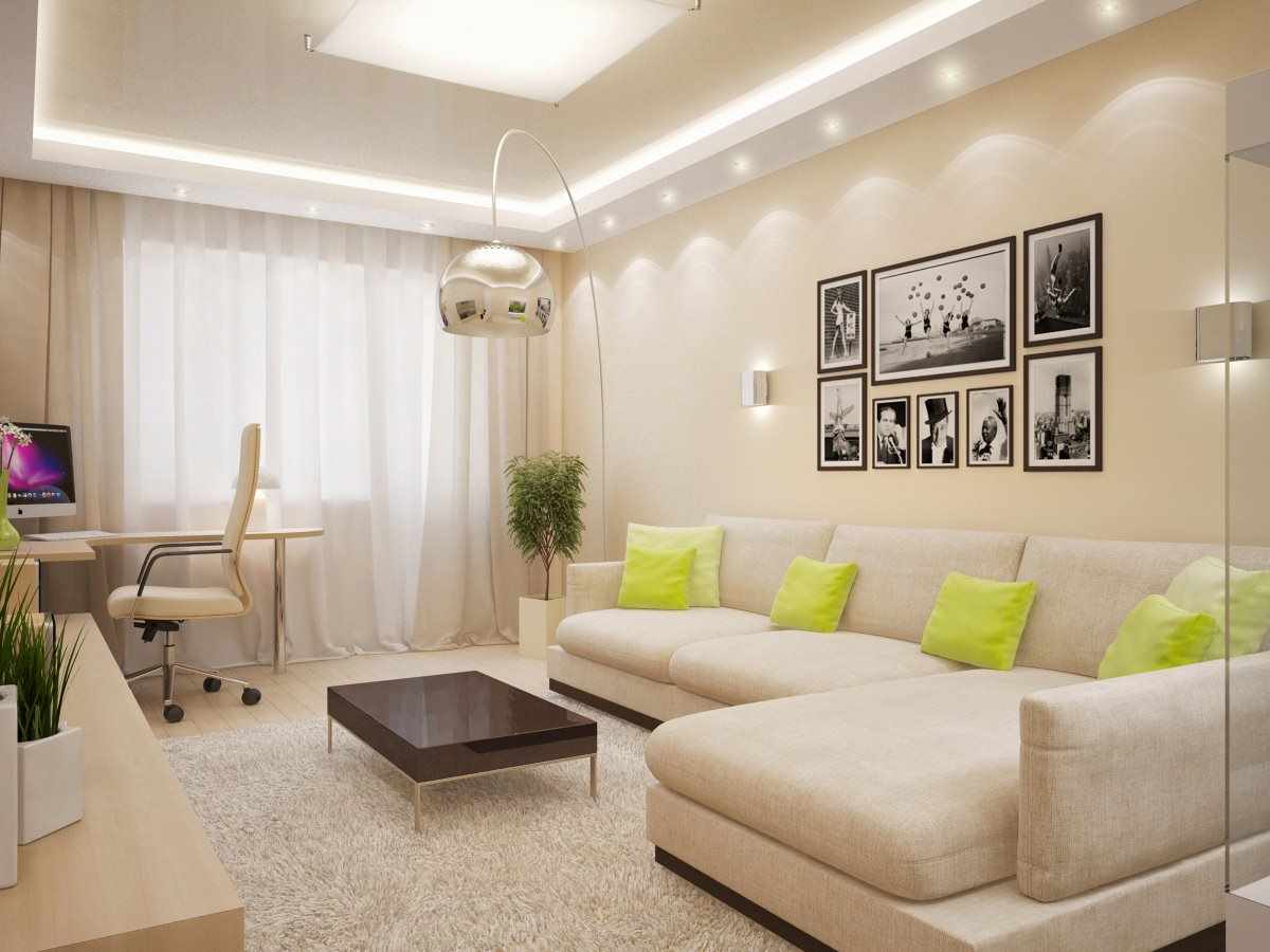 An example of a beautiful design of a living room of 17 sq.m