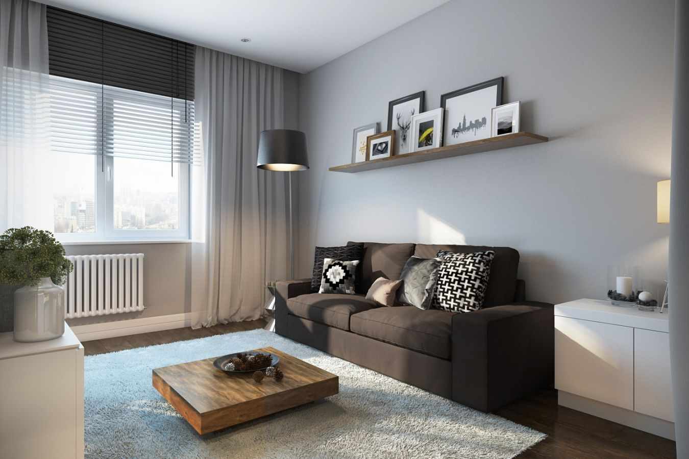 minimalizm tarzında bir oturma odasının parlak bir iç mekanını kullanma fikri