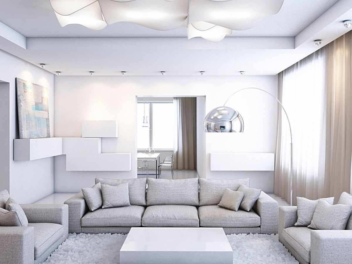 opțiunea de a utiliza un design neobișnuit al unei camere de zi în stilul minimalismului