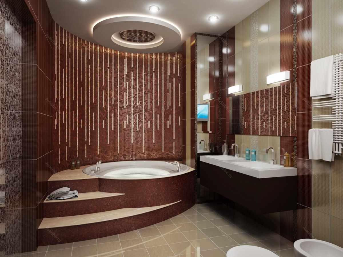 biến thể của nội thất sáng sủa của phòng tắm với bồn tắm góc