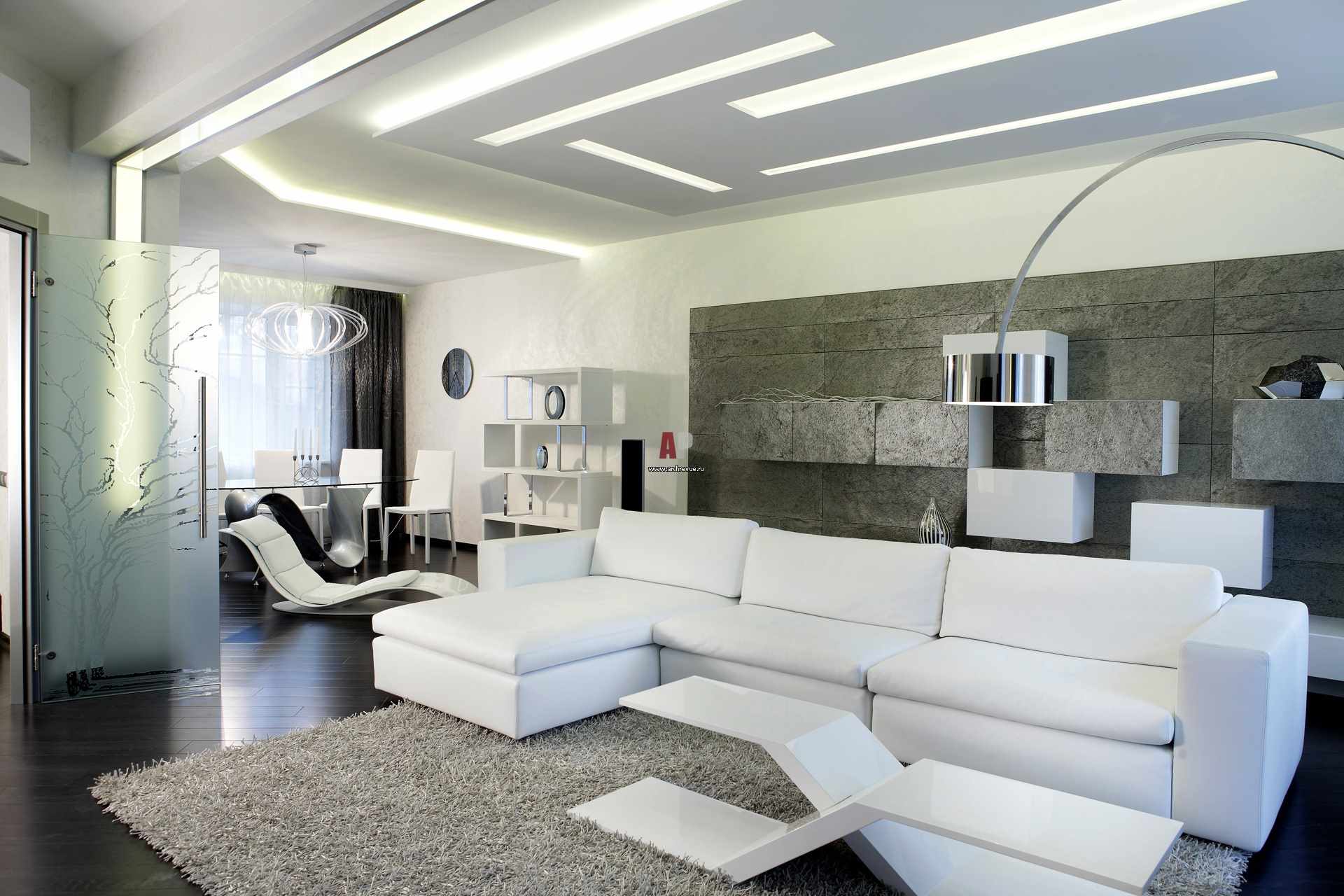 minimalizm tarzında bir oturma odasının parlak bir iç mekanını uygulama örneği