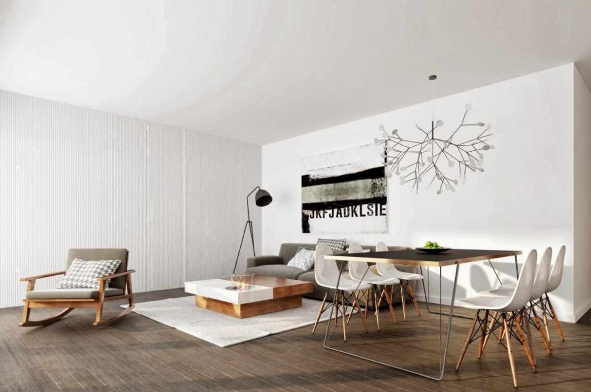 exemplu de aplicare a unui interior frumos al unui living în stilul minimalismului