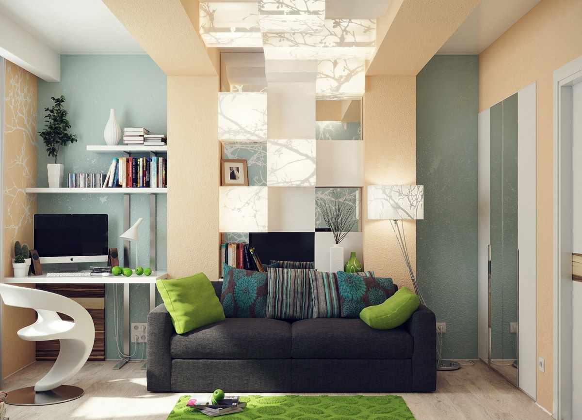 16 m2'lik bir oturma odasının parlak dekoruna bir örnek