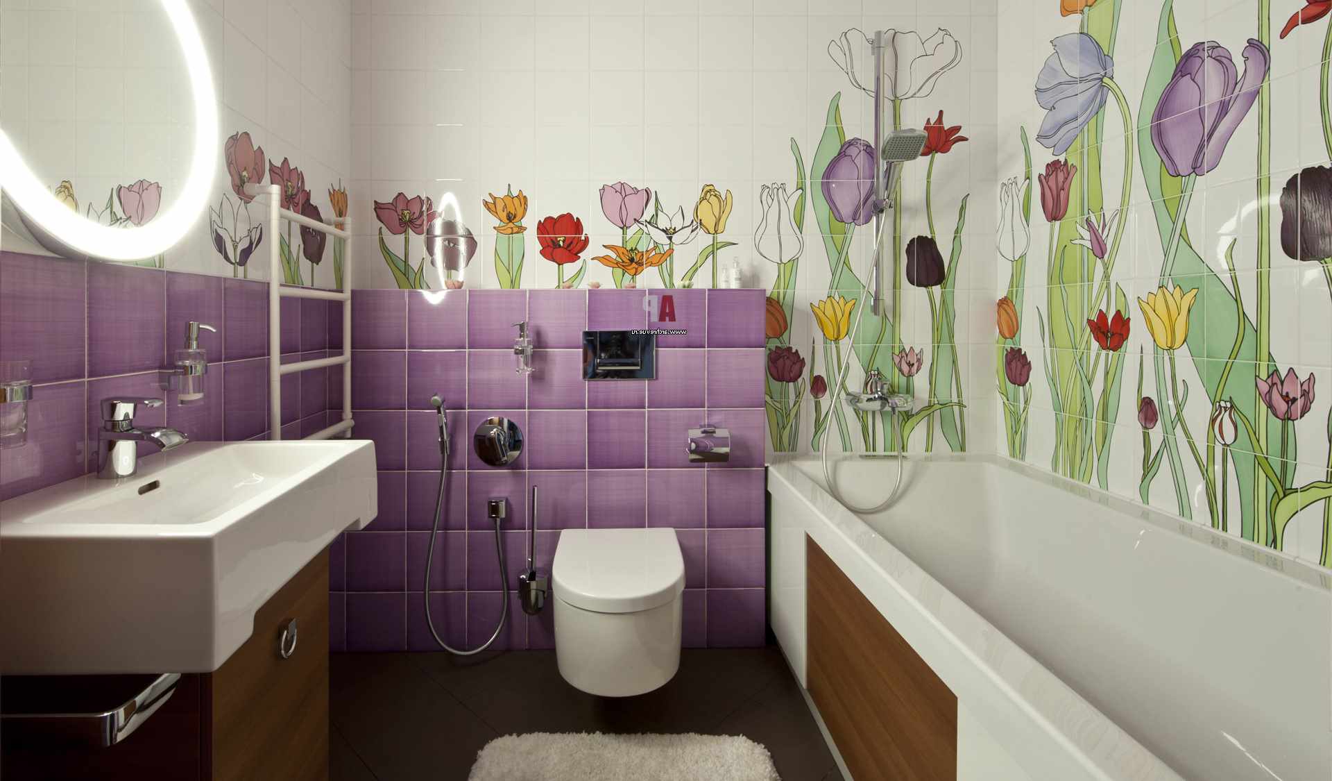 ý tưởng của một phòng tắm phong cách tươi sáng với ốp lát