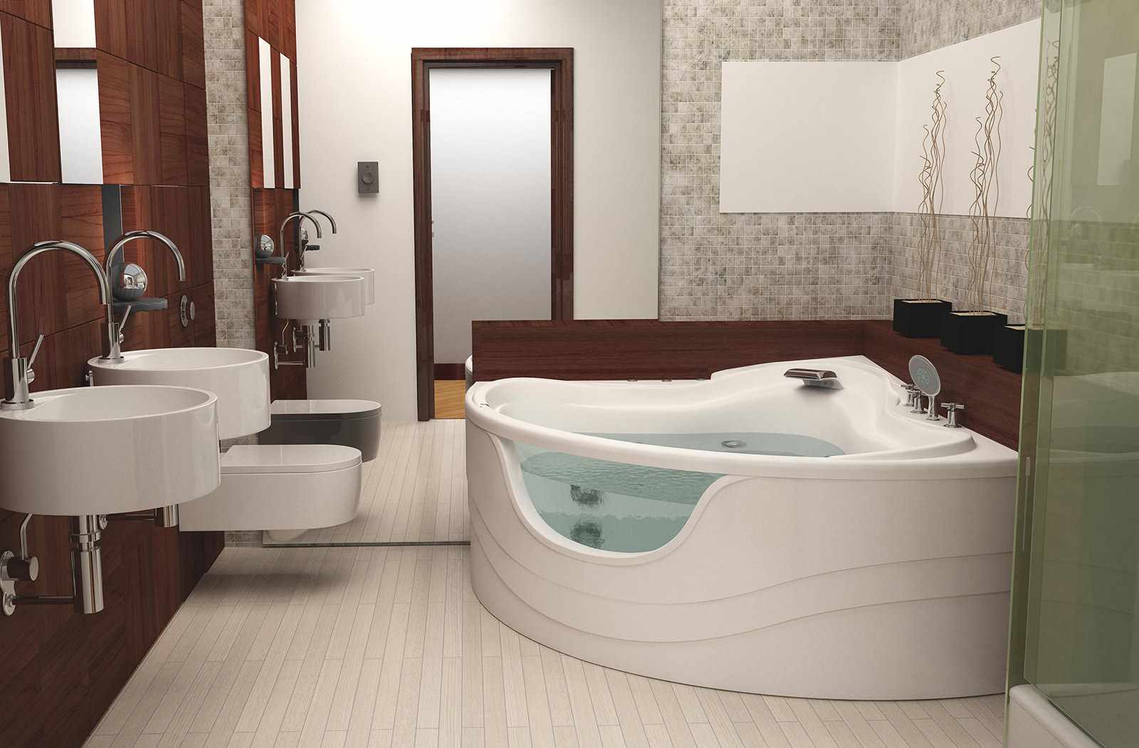 نسخة من التصميم غير العادي للحمام مع حمام الزاوية