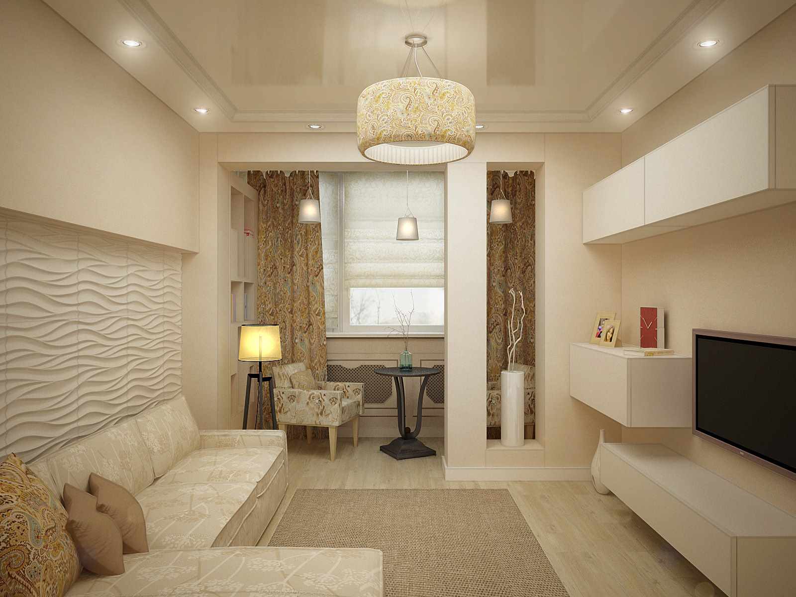 ý tưởng thiết kế sáng sủa của một phòng khách rộng 17 m2
