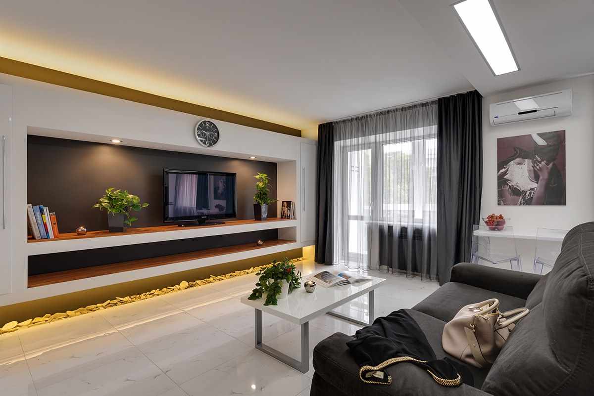 the idea of ​​a bright design of a living room 16 sq.m