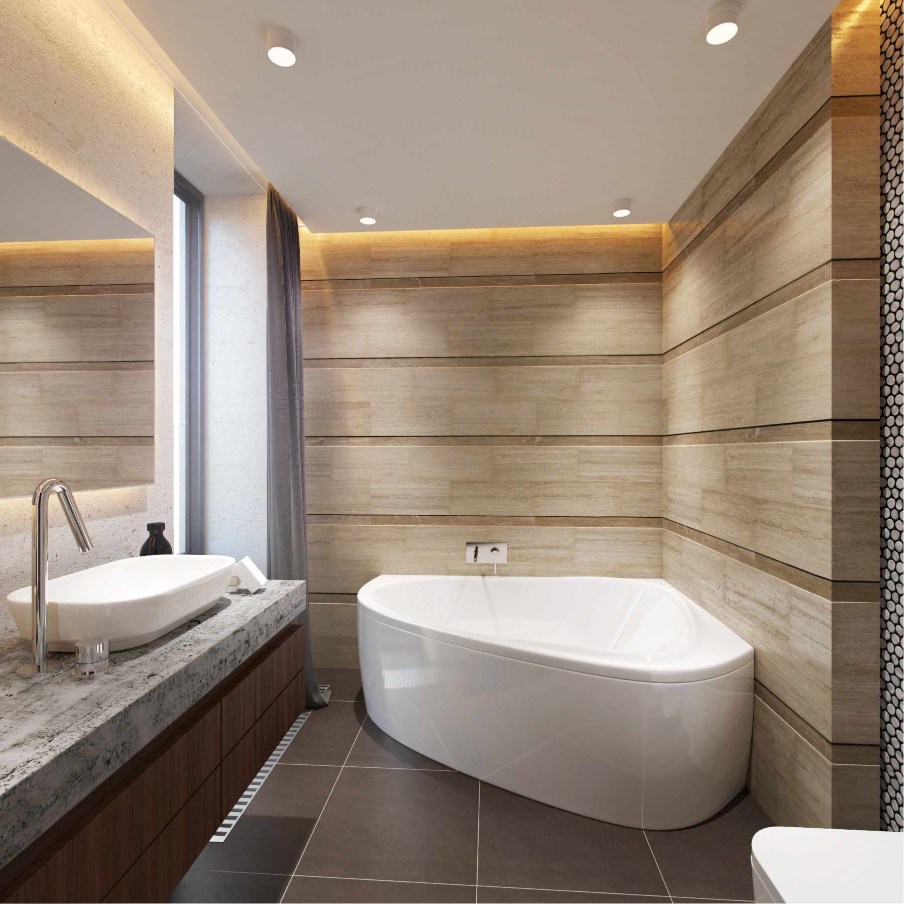 Un exemple d'un design de salle de bain léger avec une baignoire d'angle