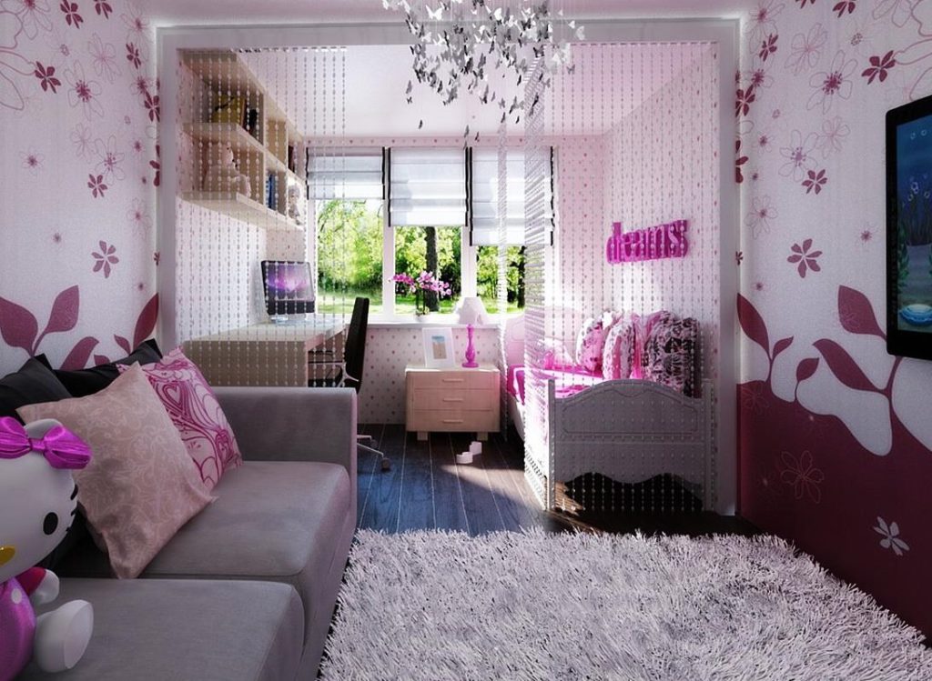 Paper wallpaper with flowers in the design of a room for a girl