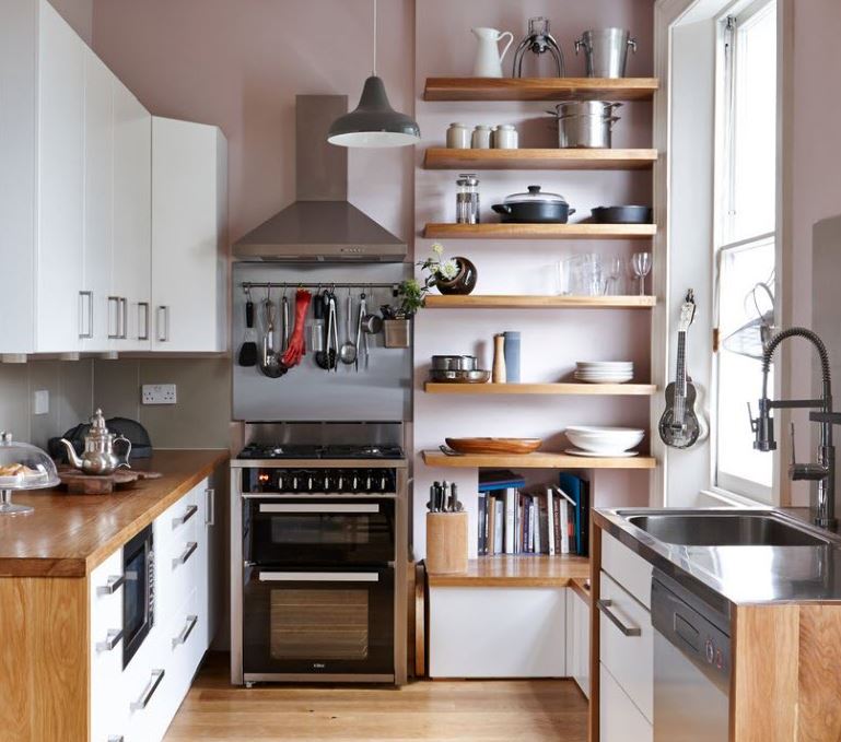 Open shelves for dishes near the kitchen window