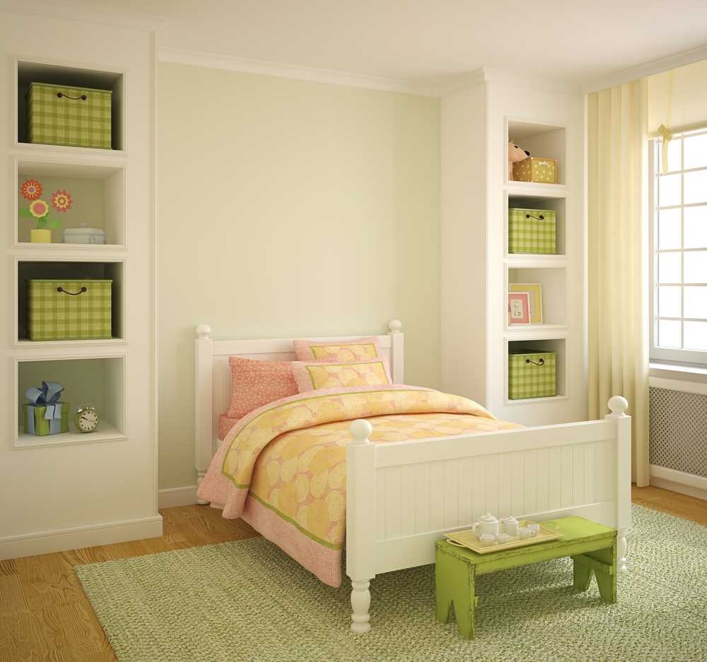 White bed in a 12-square-meter girl’s nursery