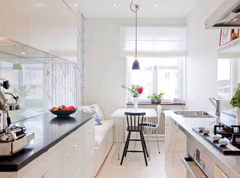 White painted walls in an elongated kitchen