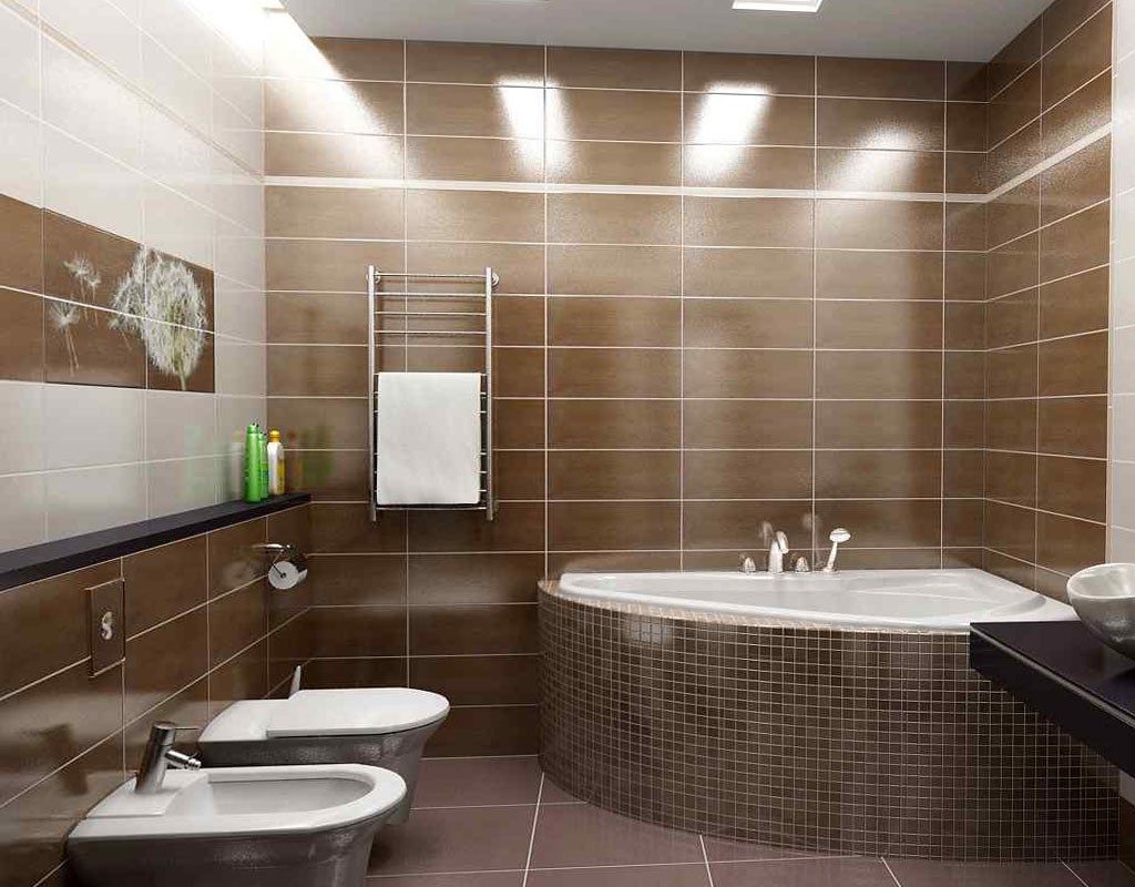 Glossy brown tiles in the combined bathroom