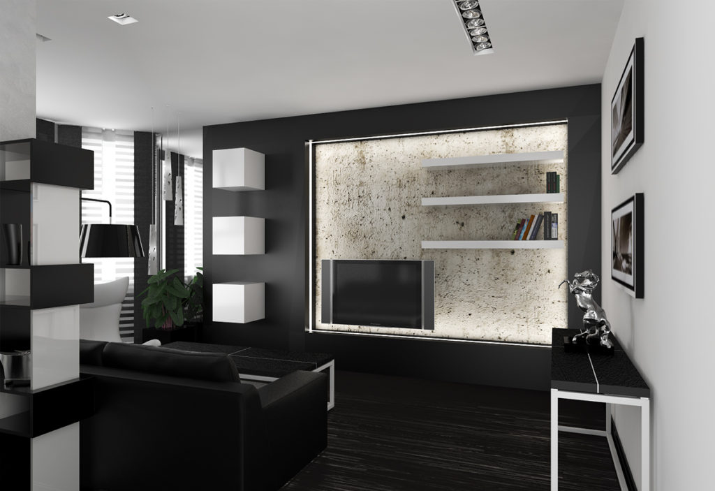Siyah bir yatak odası-oturma odası tasarımı