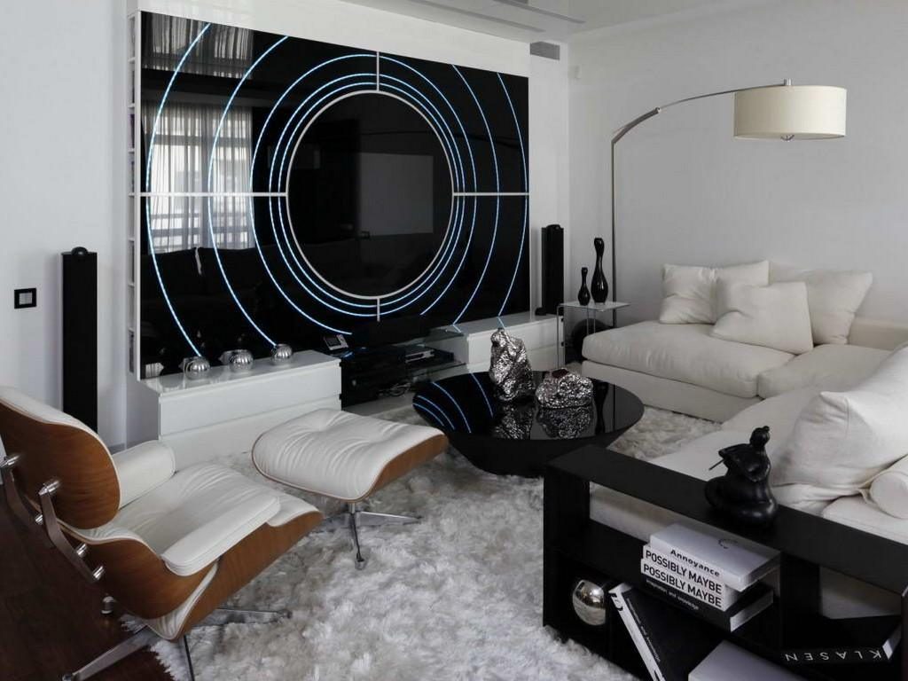 Intérieur de chambre-salon high-tech noir et blanc