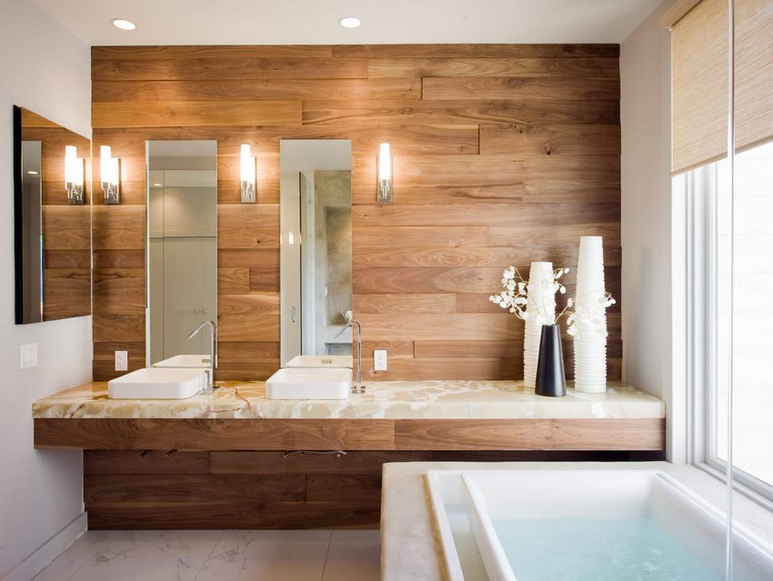Trang trí tường gỗ trong phòng tắm