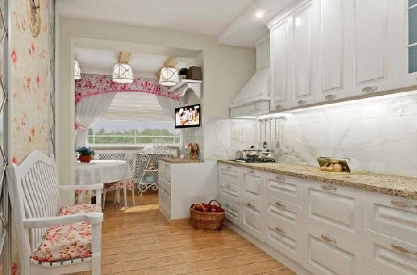 Design of a kitchen combined with a balcony in the style of Provence
