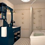 Đồ nội thất tối màu trong phòng tắm của một căn hộ thành phố