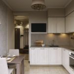 Design bucătărie cu set de colț și iluminat zona de lucru